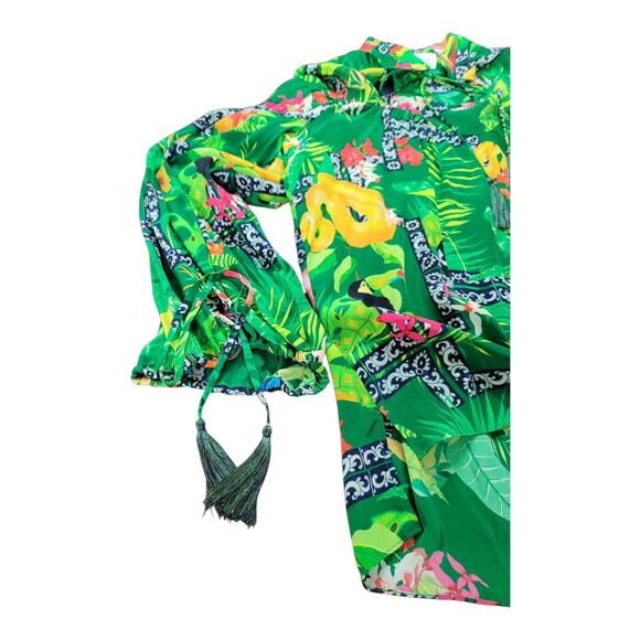 La Fuori Bela Fuori Tropical Silk Top Green‎ Long Sleeve Tassel Women's XL - Picture 13 of 14